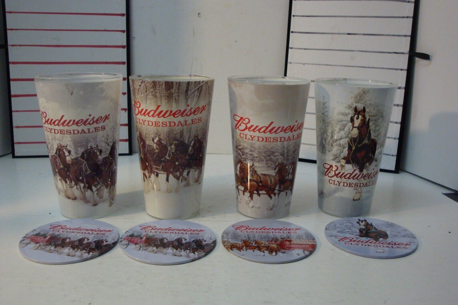 Vintage Budweiser Clydesdales pint beer glasses X 4 with Matching Coasters X 4 Budweiser
