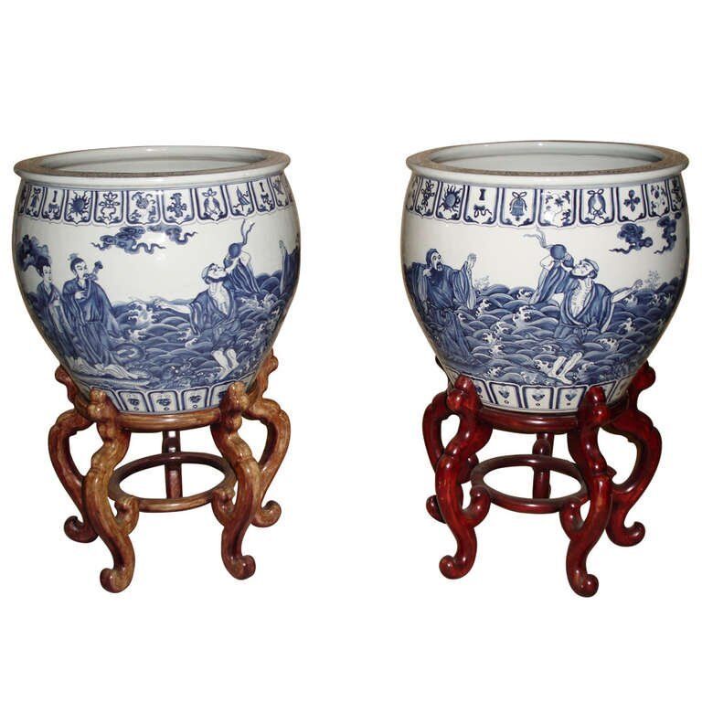 Monumental Chinese Blue White Porcelain Jardinieres Urns 19th century Без бренда
