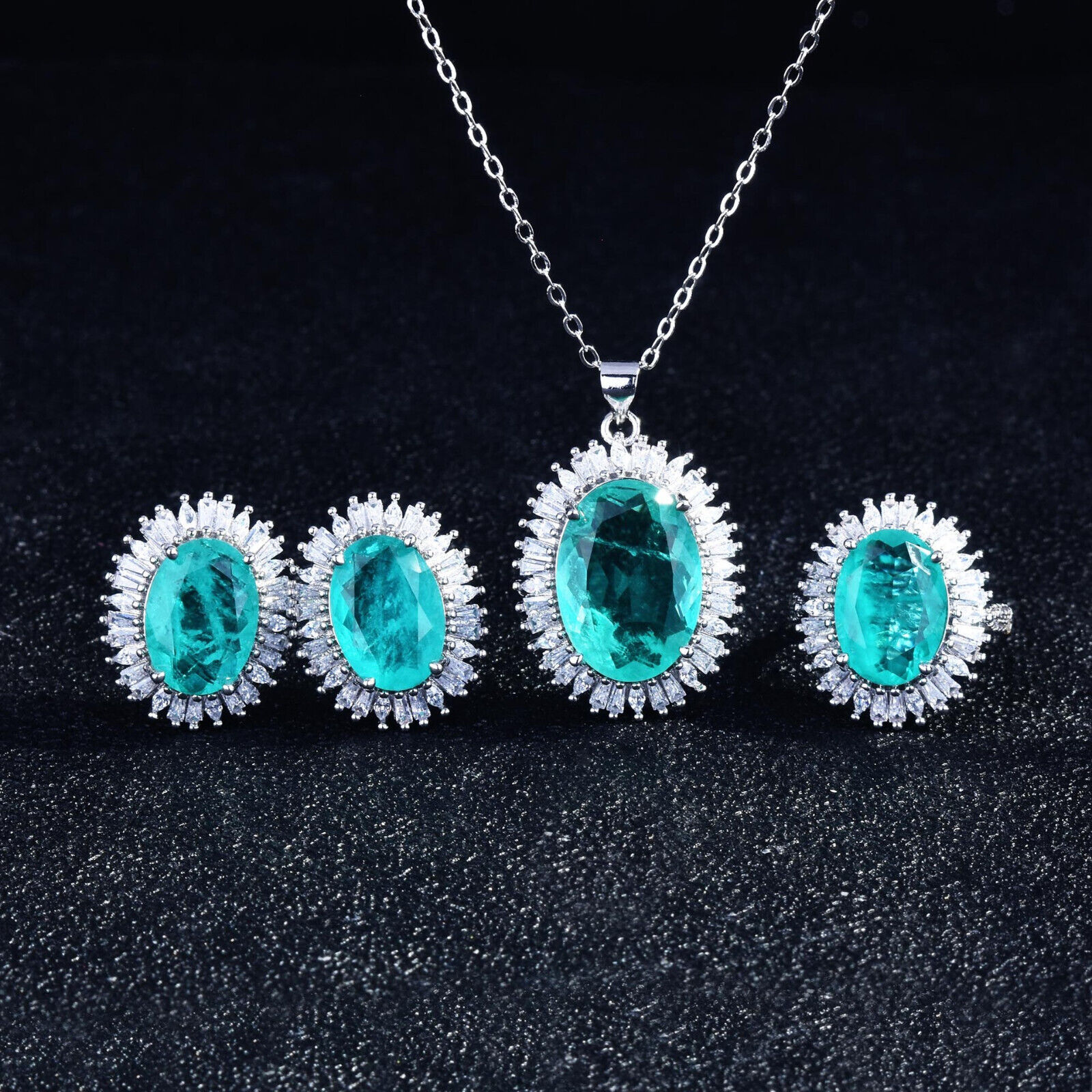 Charming 3pc Jewelry Set Neon Blue Tourmaline Gems Silver Women Earring Necklace Unbranded