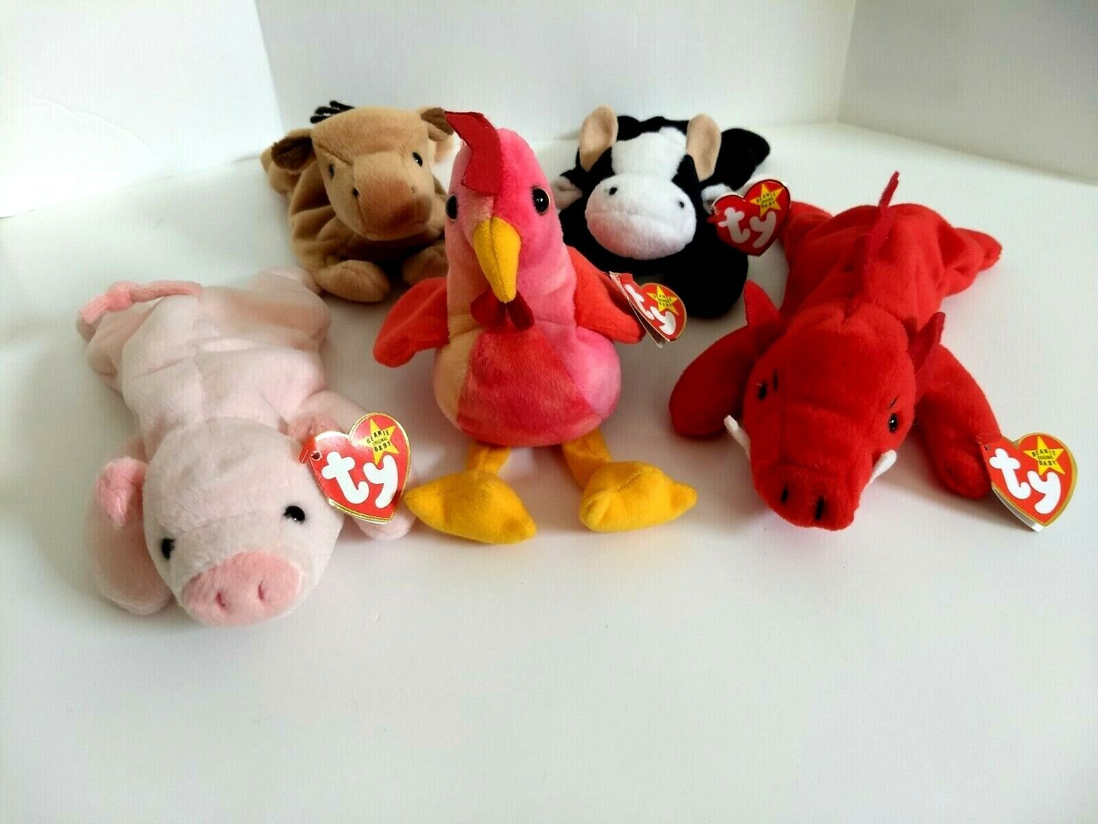 Ty Beanie Babies Barnyard Animals Lot of 5 w Tags Cow Pig Bull Rooster Horse Ty