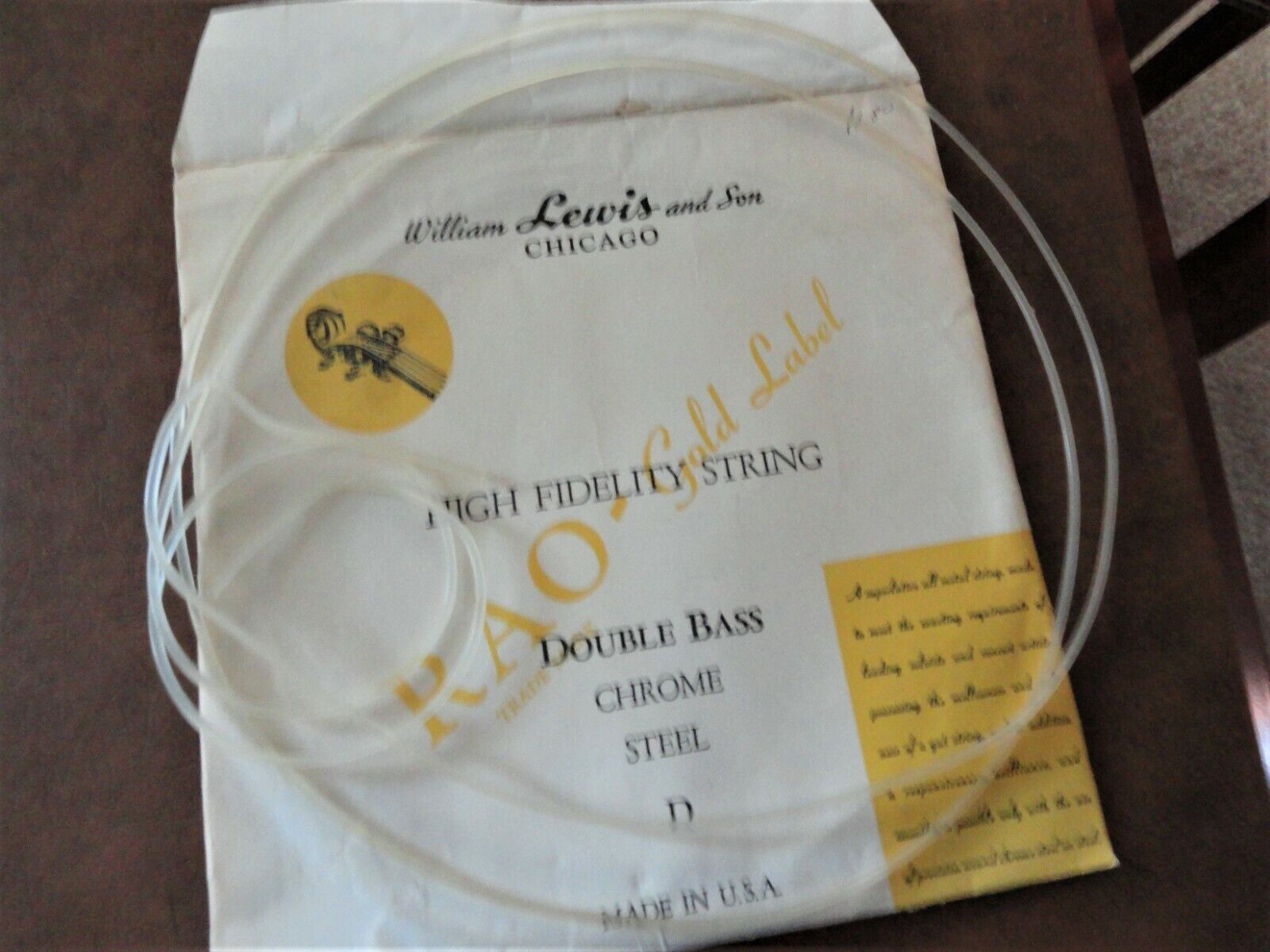 TWO Upright Double Bass Strings Size:  D & G  never used William Lewis & Son S-B-4/4, D and G strings