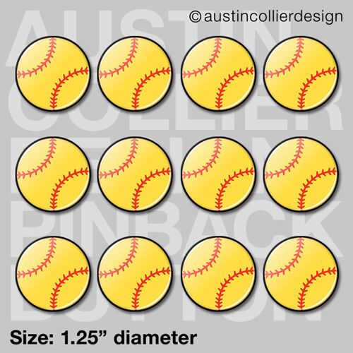 (12) SOFTBALL 1.25" pinback buttons / badges - team gift pins party favor trade AustinCollier Original Design