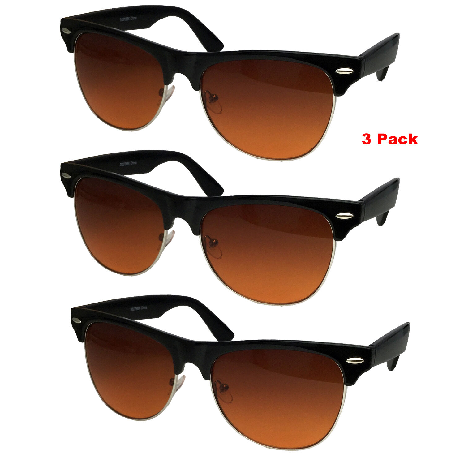 3 PAIR Half Frame Pilot Style BLUE BLOCKER Sunglasses Amber Lens Driving Retro 999Sunglasses Does Not Apply