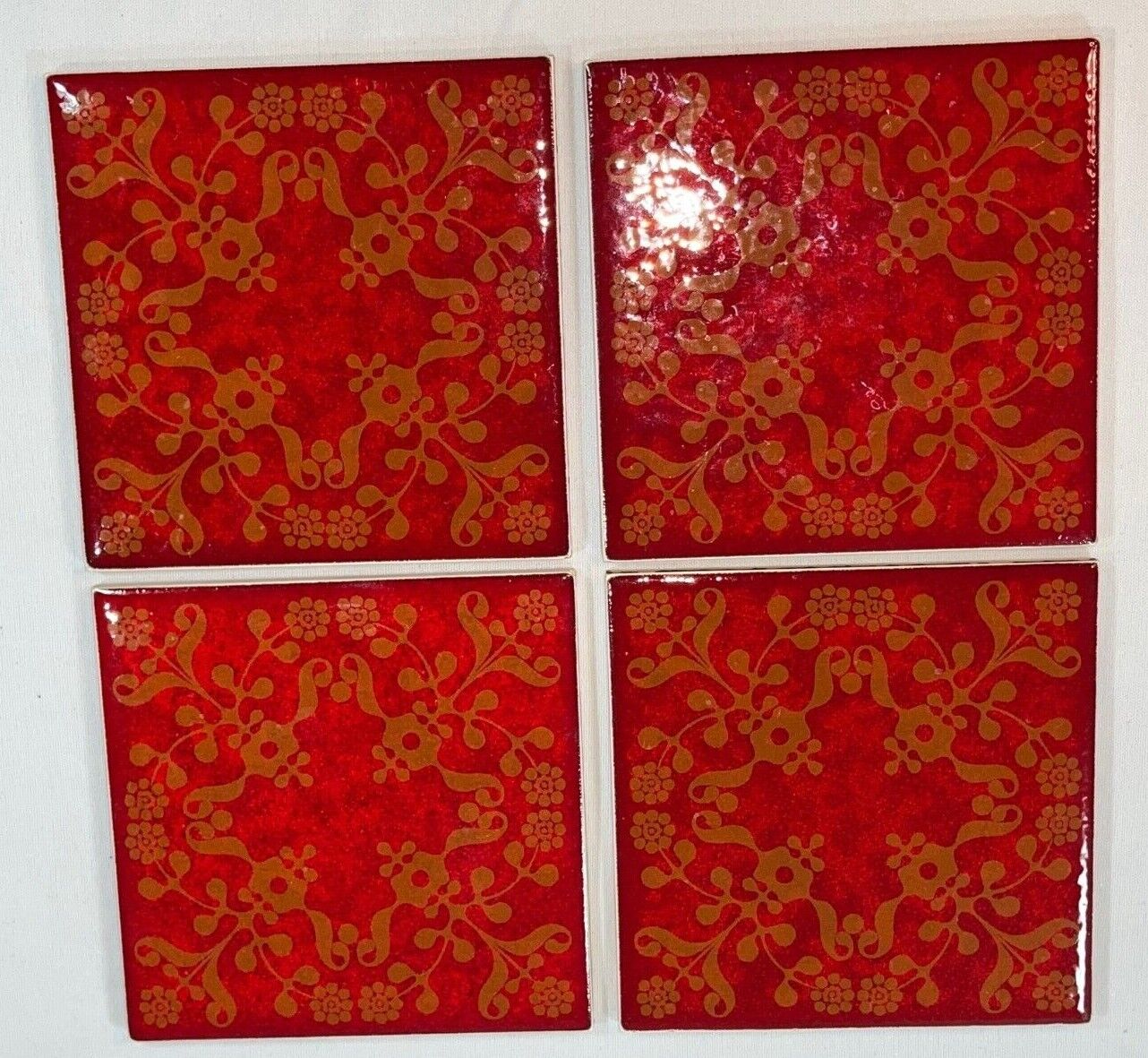 Vintage Mettlach Saar German Red Decorative Tile Set of 4 Без бренда