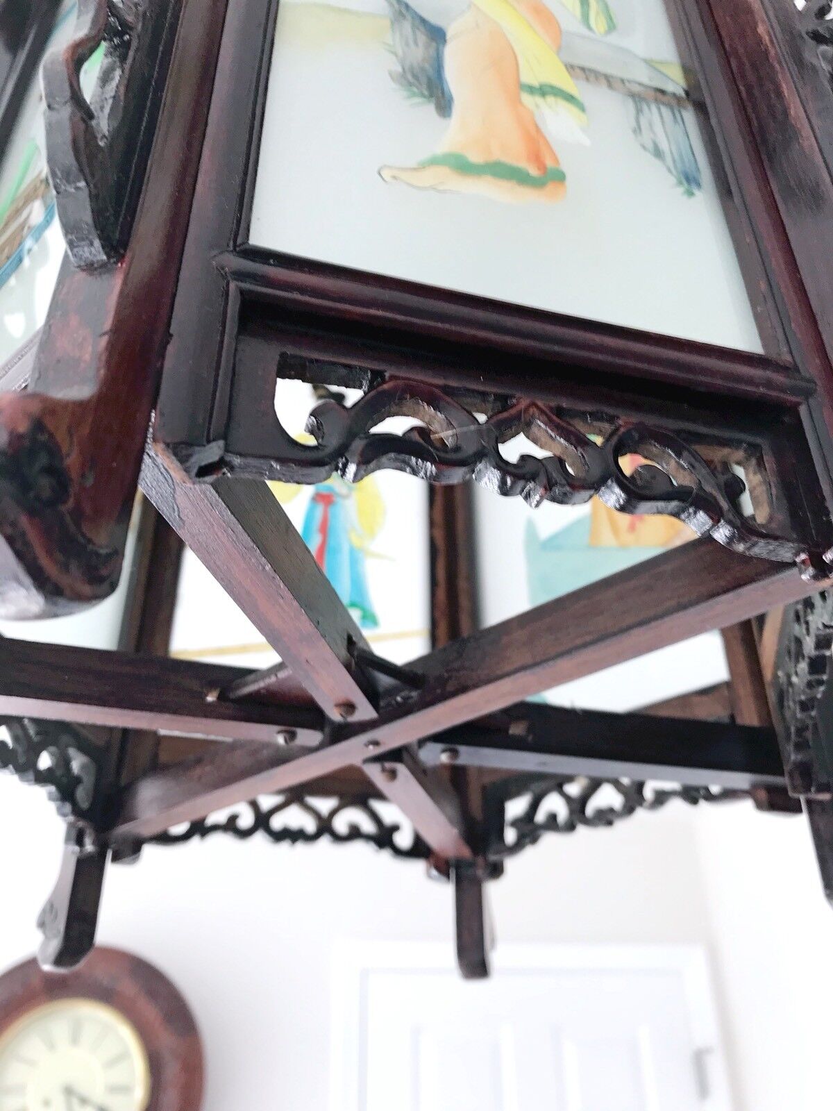 Rare Antique Chinese Zitan Hardwood Reverse Painted Glass Paneled Carved Lantern Без бренда - фотография #12