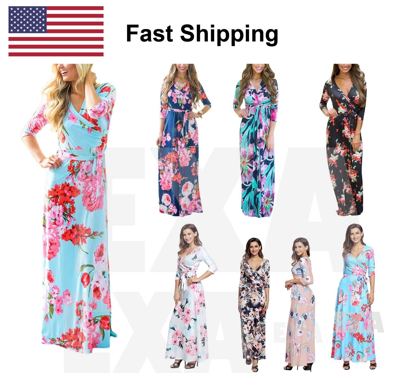 Womens Sexy Summer Floral Faux Wrap Long Dress Deep V Neck Print Maxi with Belt Exa - фотография #5