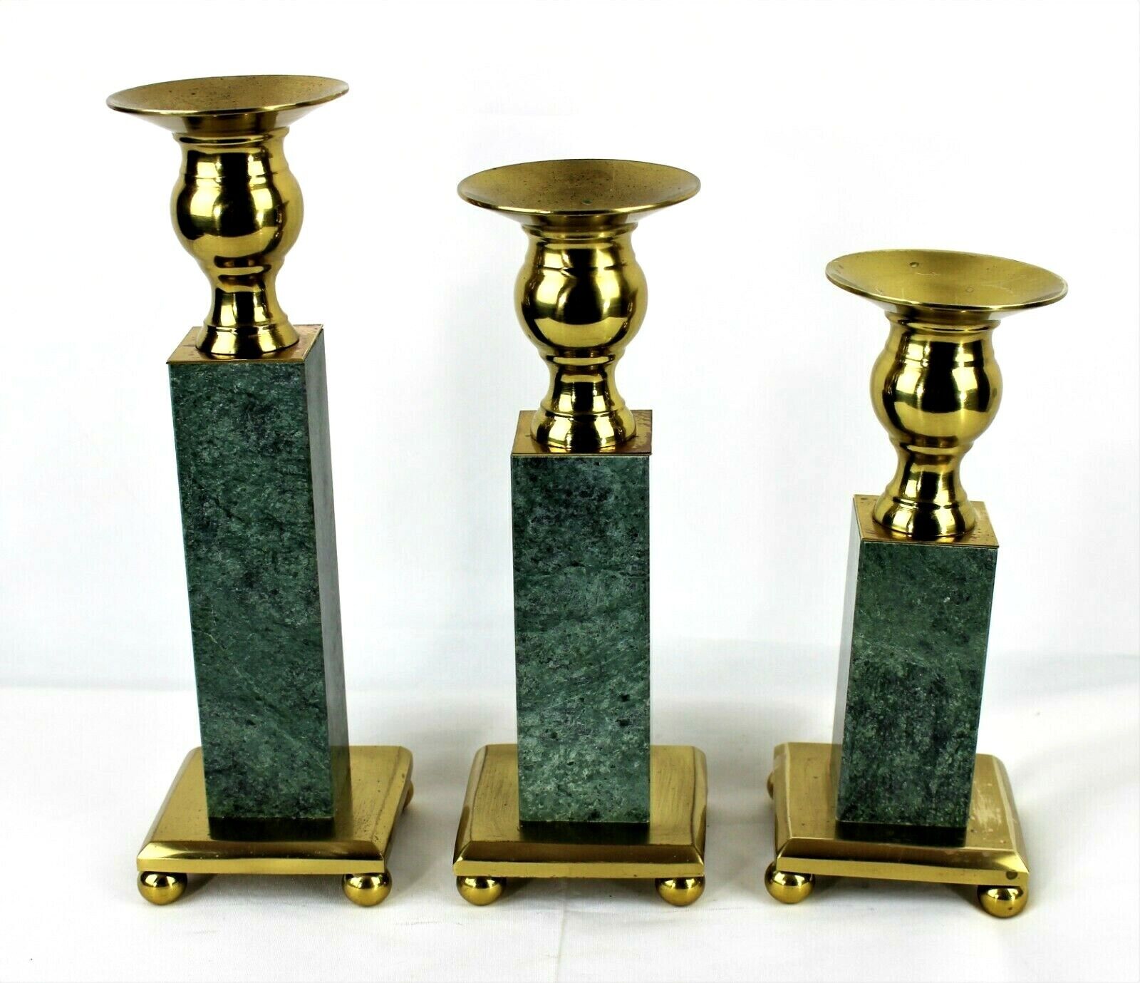 Set of 3 Heavy Brass and Green Marble Graduated Candlesticks Candle Holders  Unbranded