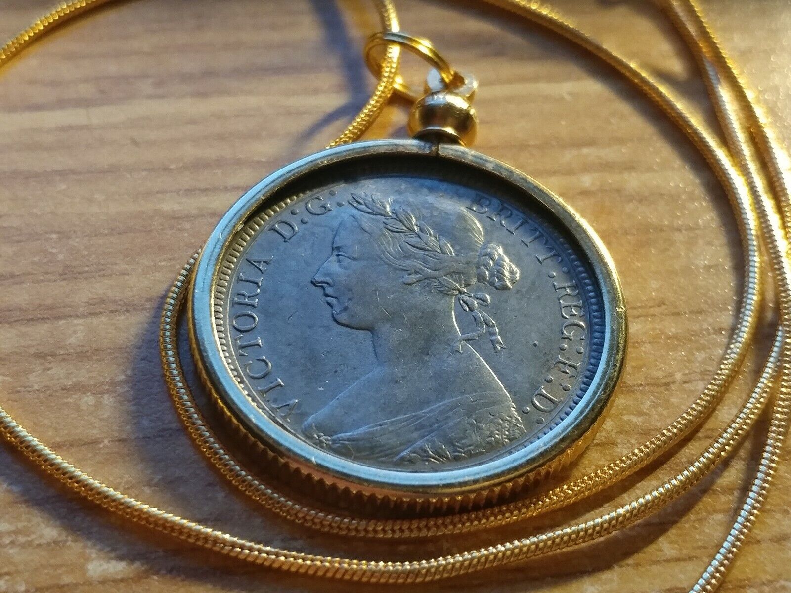 UK 1885 Queen Victoria 1/2 Penny Pendant on a 24" 18k Gold Filled Snake Chain. Honoredallies