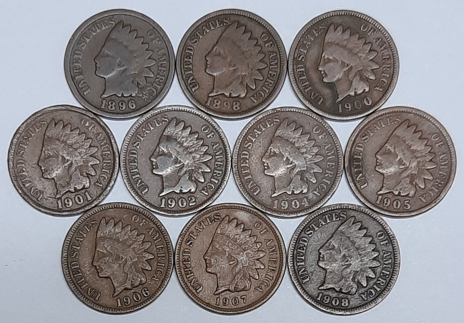 Ten Indian Pennies with Ten DIFFERENT Dates--ALL in Good Condition! Без бренда
