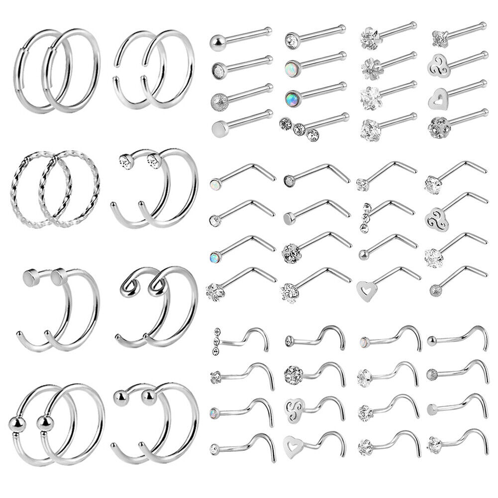 16-64Pcs CZ/Opal Nose Ring Hoops Surgical Steel Pin Bone L Screw Studs Set 20G LongBeauty Does Not Apply - фотография #3