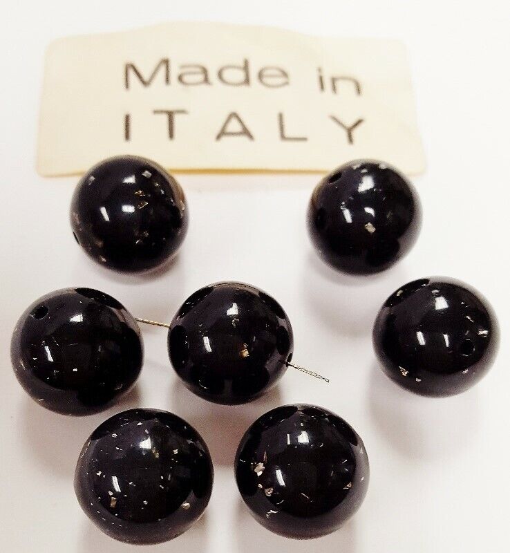 12 VINTAGE ITALIAN JET BLACK METALLIC FLAKE ACRYLIC 16mm SMOOTH ROUND BEADS N552 Unbranded - фотография #2