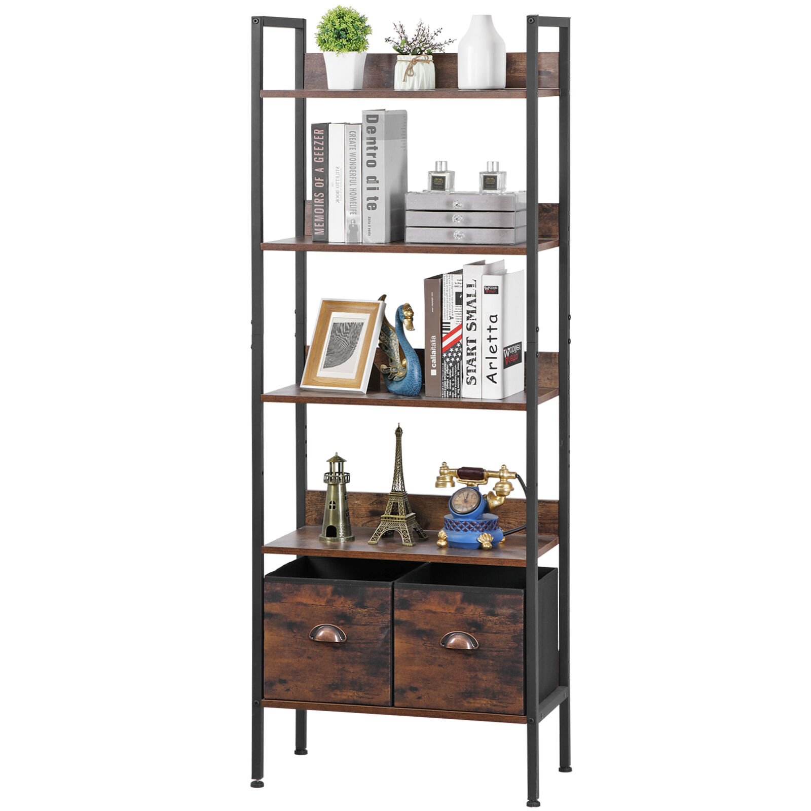 5 Tier Bookshelf Industrial Display Standing Shelf Units Vintage Rustic Brown Segawe H01-3486