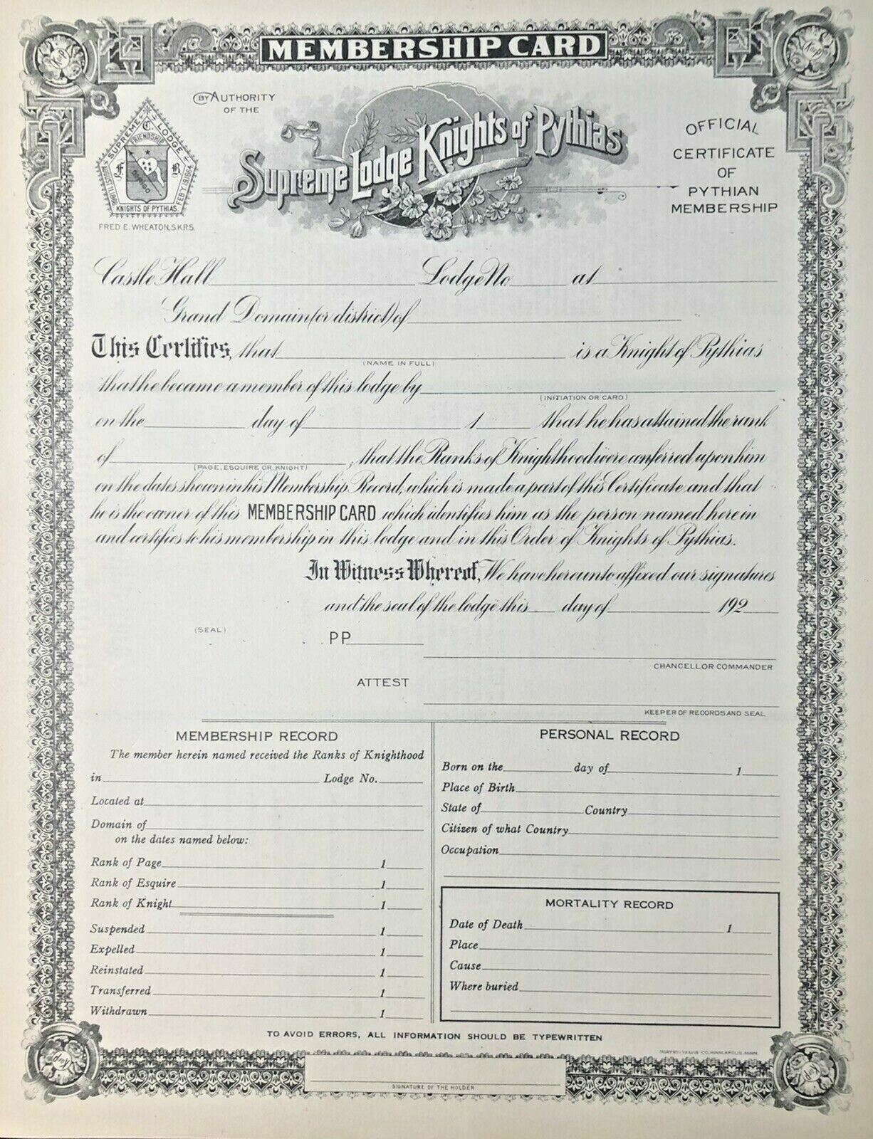 Supreme Lodge Knights of Pythias Ca. 1920 Membership Card BLANK UNUSED MINT Без бренда