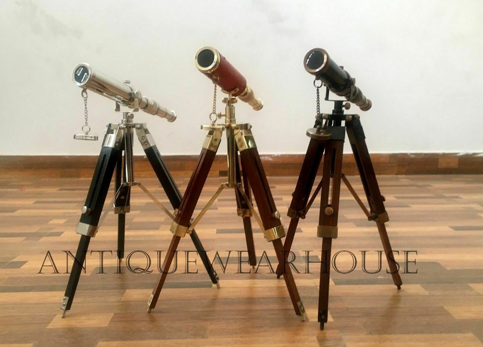 SET OF 3 Handmade Solid Brass Pirate Spyglass Telescope With Wooden Tripod Decor Без бренда - фотография #6