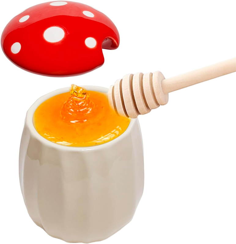 Mushroom Honey Jar with Dipper and Lid Ceramic Honey Pot Honey Container 10Oz (R MaoYaMao - фотография #4