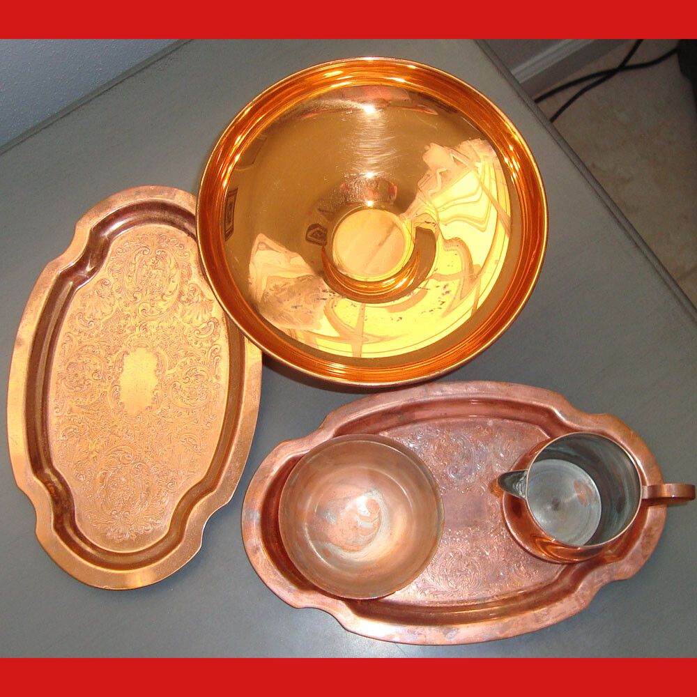 1960s 5 Piece Copper Lot RoseMar Creamer Sugar Bowl 2 Trays Footed Dessert Dish Без бренда - фотография #7