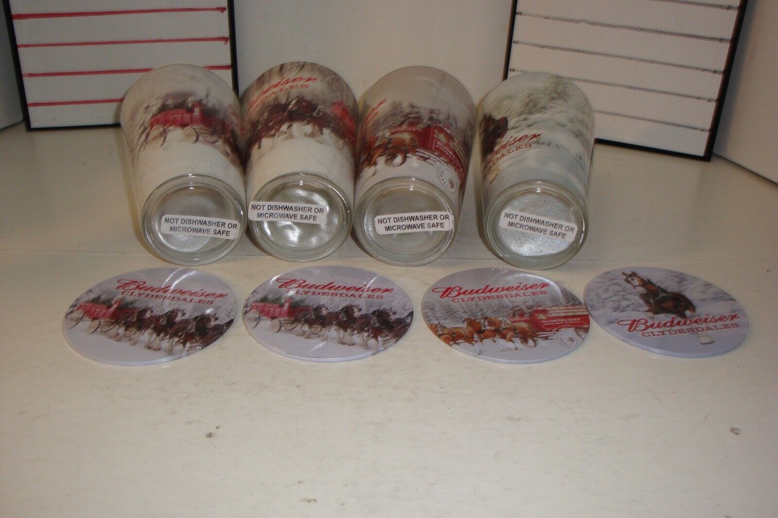 Vintage Budweiser Clydesdales pint beer glasses X 4 with Matching Coasters X 4 Budweiser - фотография #8