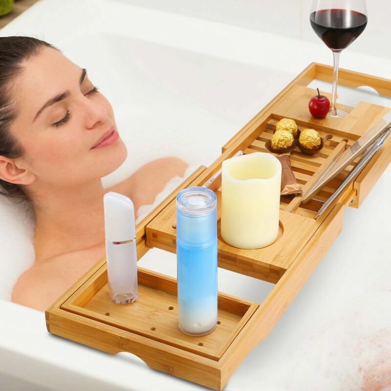 Bathtub Caddy Bamboo Bath Tub Rack Tray Wine Book Holder w/ Spa Bath Tub Pillow iMounTEK Does Not Apply - фотография #4