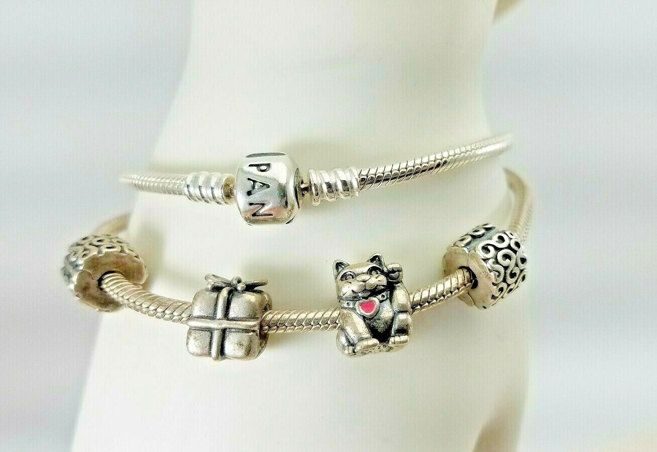 Lot of Two Vintage Sterling Pandora Charm Bracelets with 2 Charms and 2 Spacers  PANDORA