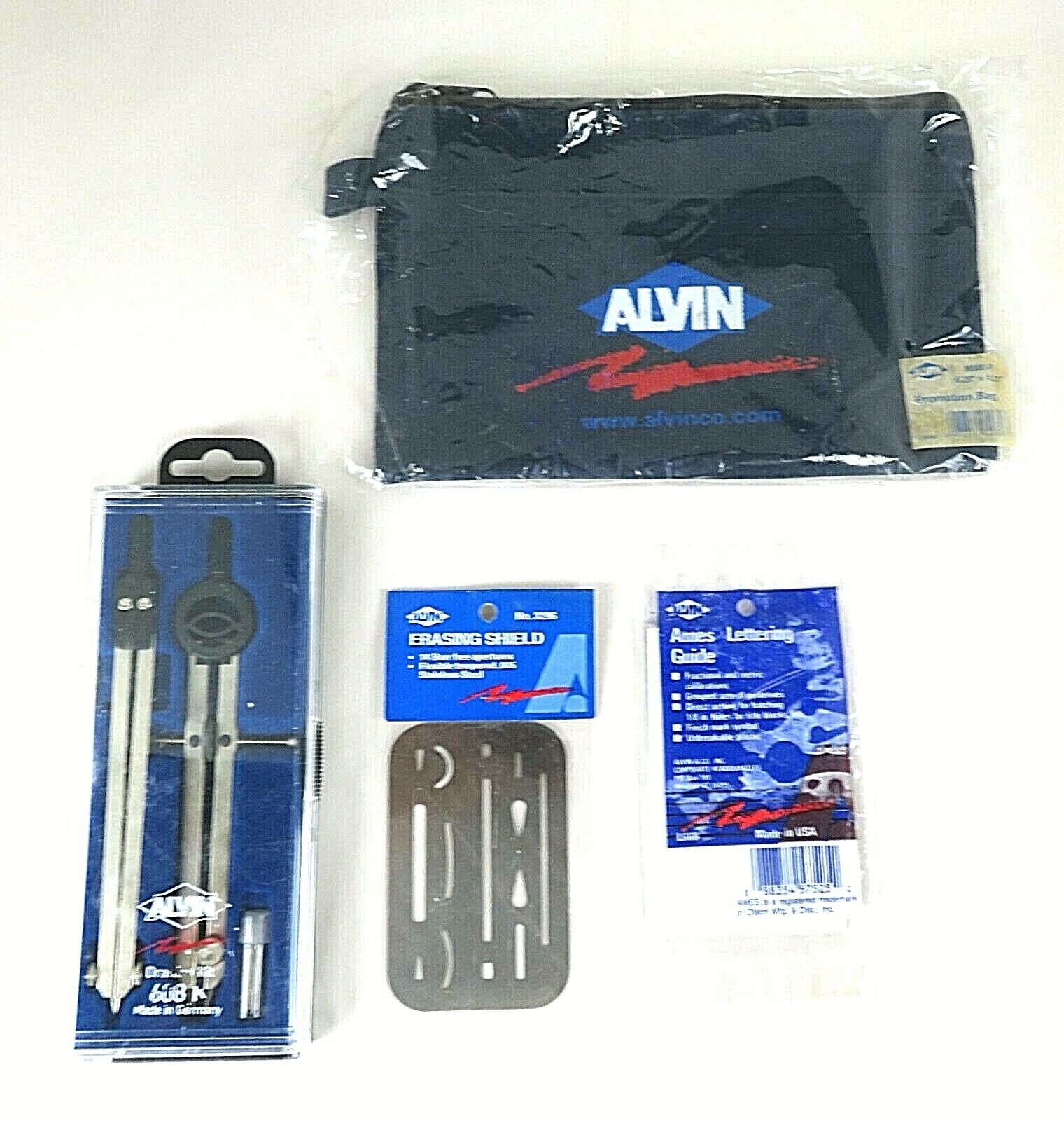 ALVIN Drafting Tools Kit Erasing Shield Lettering Guide Bag Duster EUC 5 Pieces Alvin
