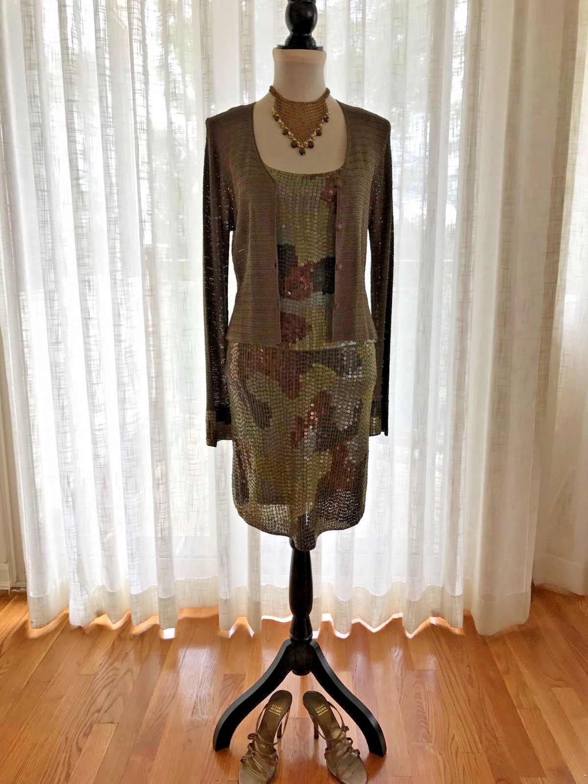 SUE WONG WOMEN'S RARE 3PC OUTFIT SET CAMO BRONZE/METALLIC CROCHET SEQUINED SZ M Sue Wong Does Not Apply - фотография #9