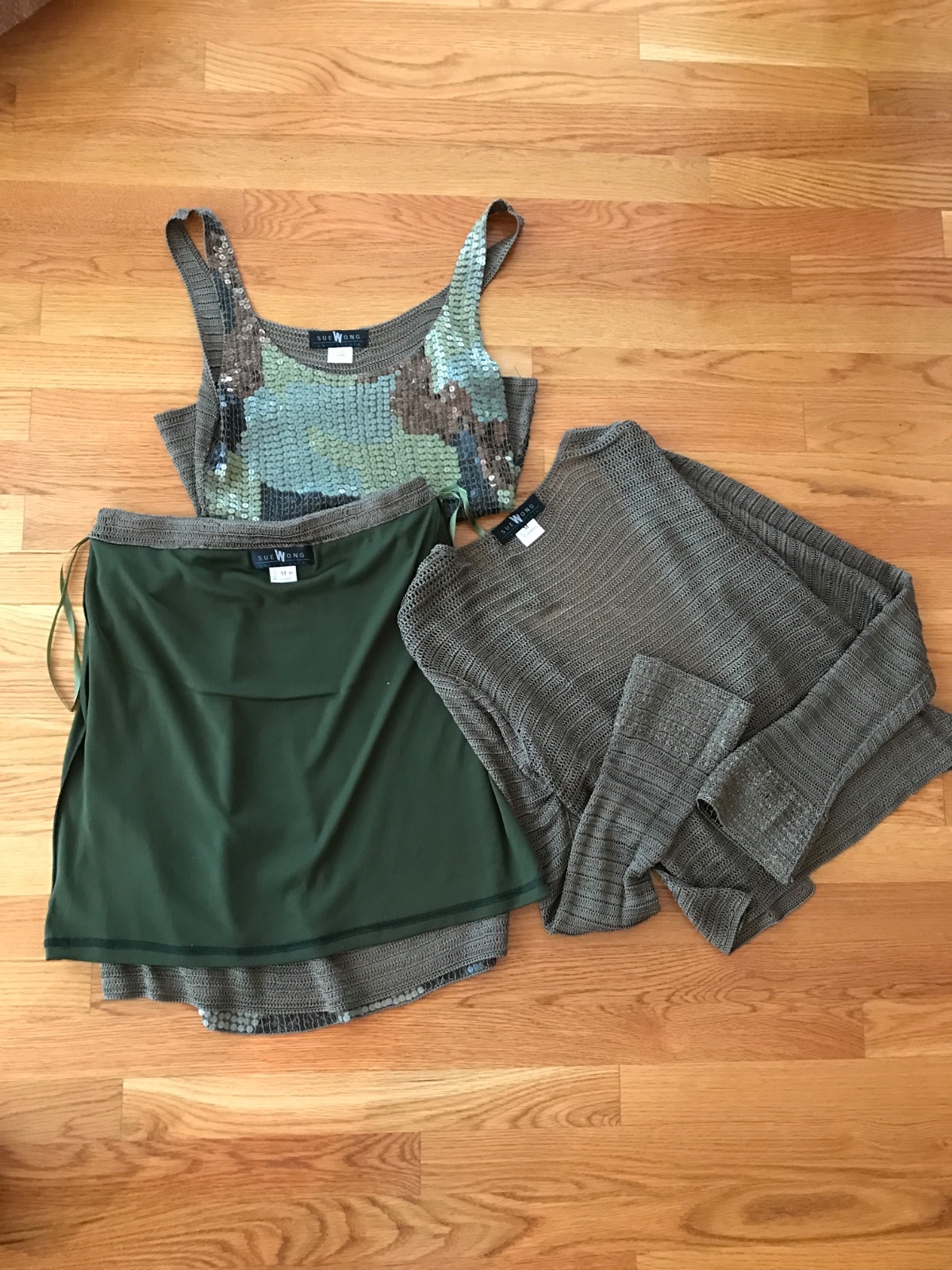 SUE WONG WOMEN'S RARE 3PC OUTFIT SET CAMO BRONZE/METALLIC CROCHET SEQUINED SZ M Sue Wong Does Not Apply - фотография #11
