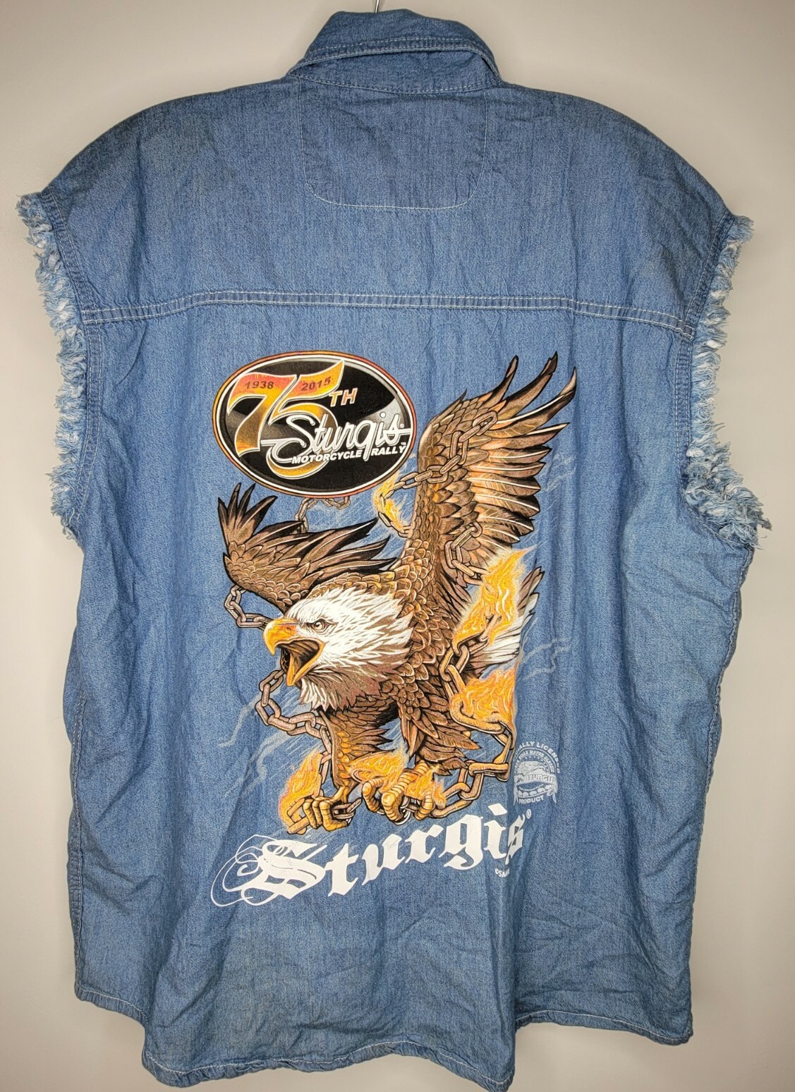 Sturgis Motorcycle Rally 75th Anniversary Blue Denim Sleeveless Biker Vest Eagle Sturgis