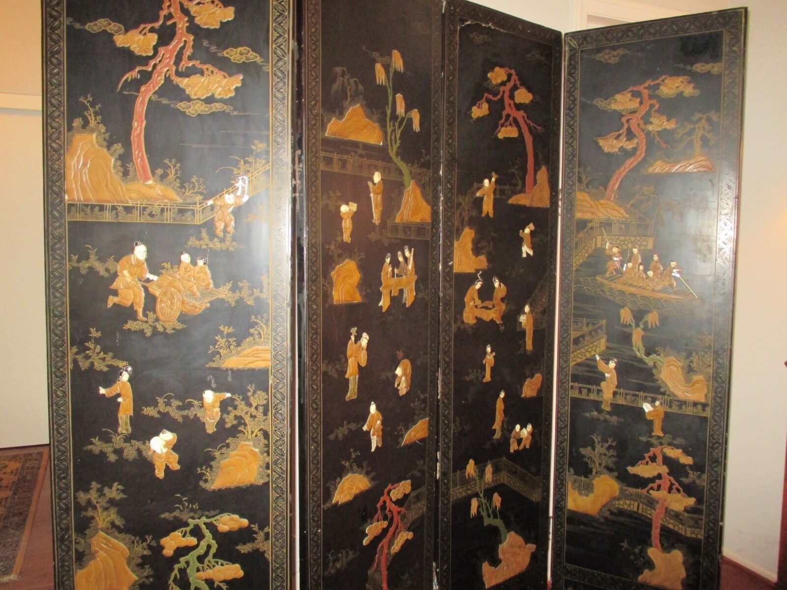 ANTIQUE CHINESE BLACK LACQUER SCREEN Mother of Pearl-EXQUISITE! RARE19th C. Без бренда - фотография #6