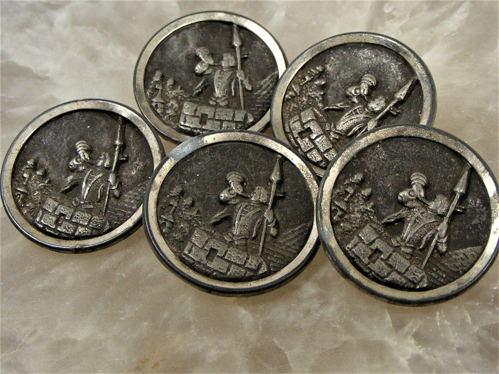 Antique Brass & Pewter Coat Story Book BUTTON Lot o 5 Soldier Castle Wall Spear  Без бренда - фотография #3