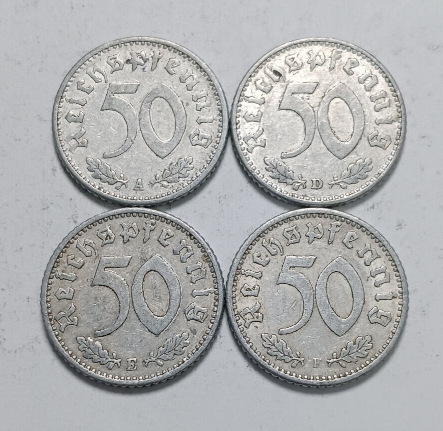 Lot Germany Third Reich 1935 50 Reichspfennig - WWII Coins - Mint Marks A D E F Без бренда - фотография #2