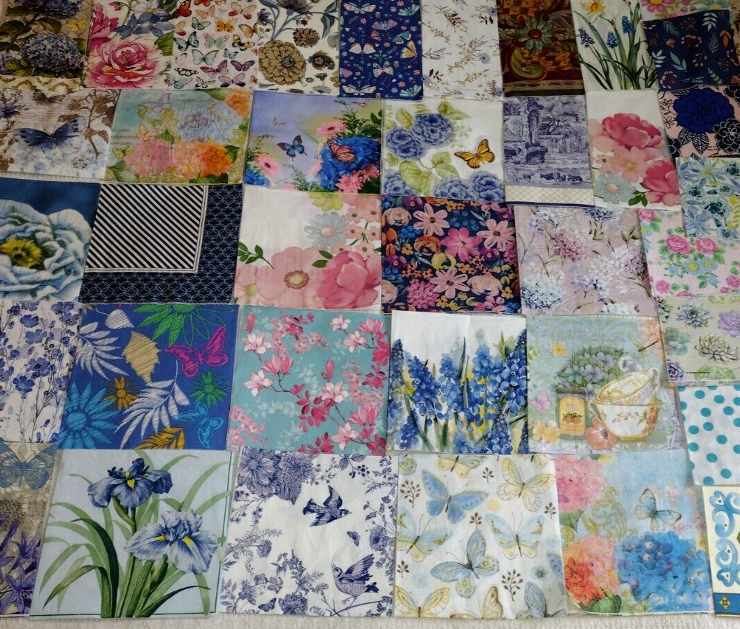 37 BLUE THEME FLORALS BUTTERFLIES ~ LOT SET MIXED Paper Napkins Decoupage Crafts Без бренда
