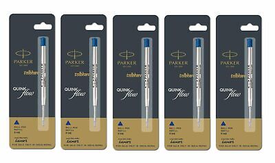 5 X Parker Quink Flow Ball Point Pen BP Refill Refills Blue Ink Fine Nib New PARKER