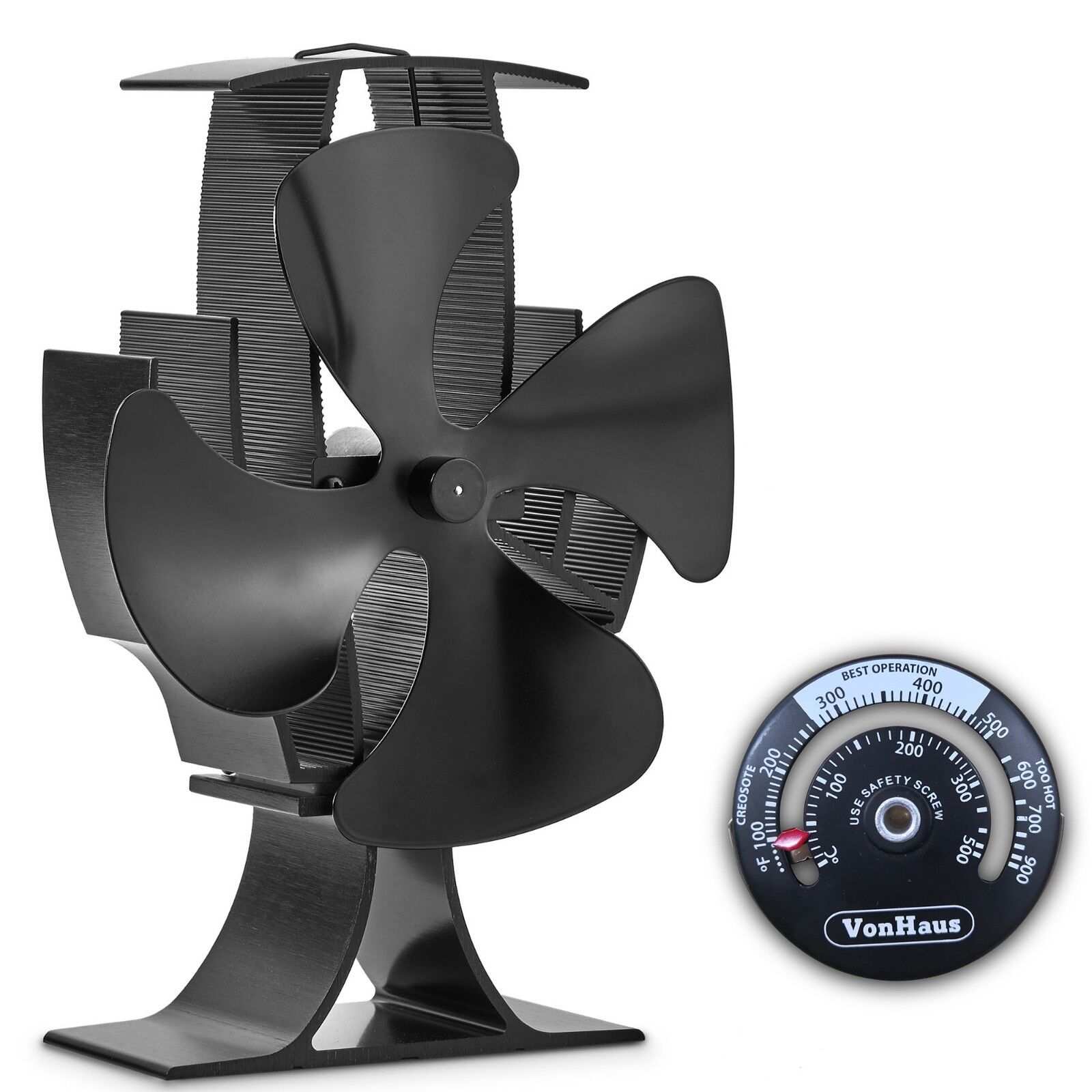VonHaus 4-Blade Heat Powered Wood Stove Fan with Temperature Gauge for Heaters VonHaus 9100035