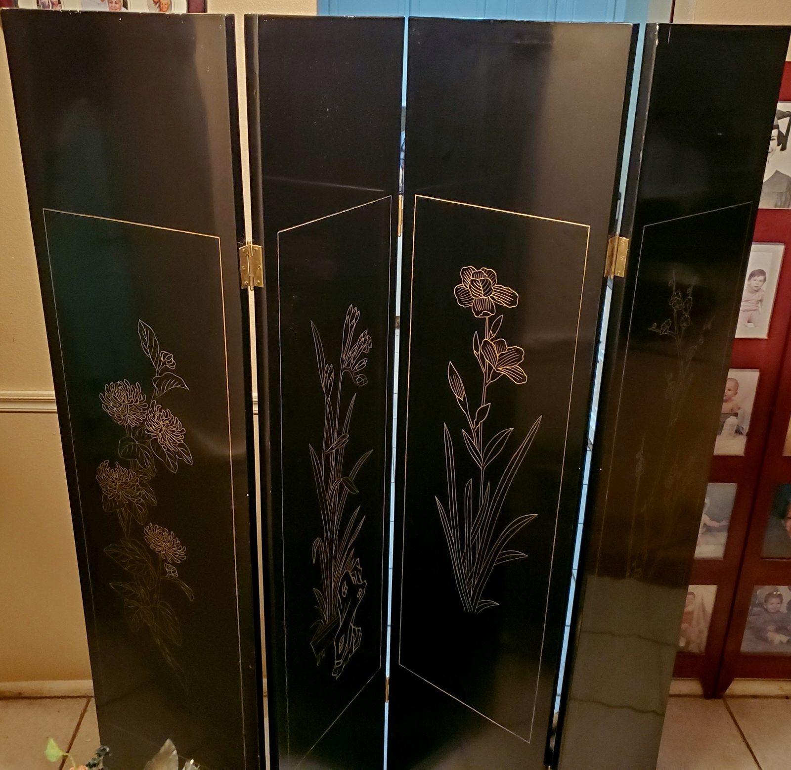 Vintage Wood Folding Room Divider Screen 4 Panel Black Lacquered Chinese Asian Unbranded - фотография #10