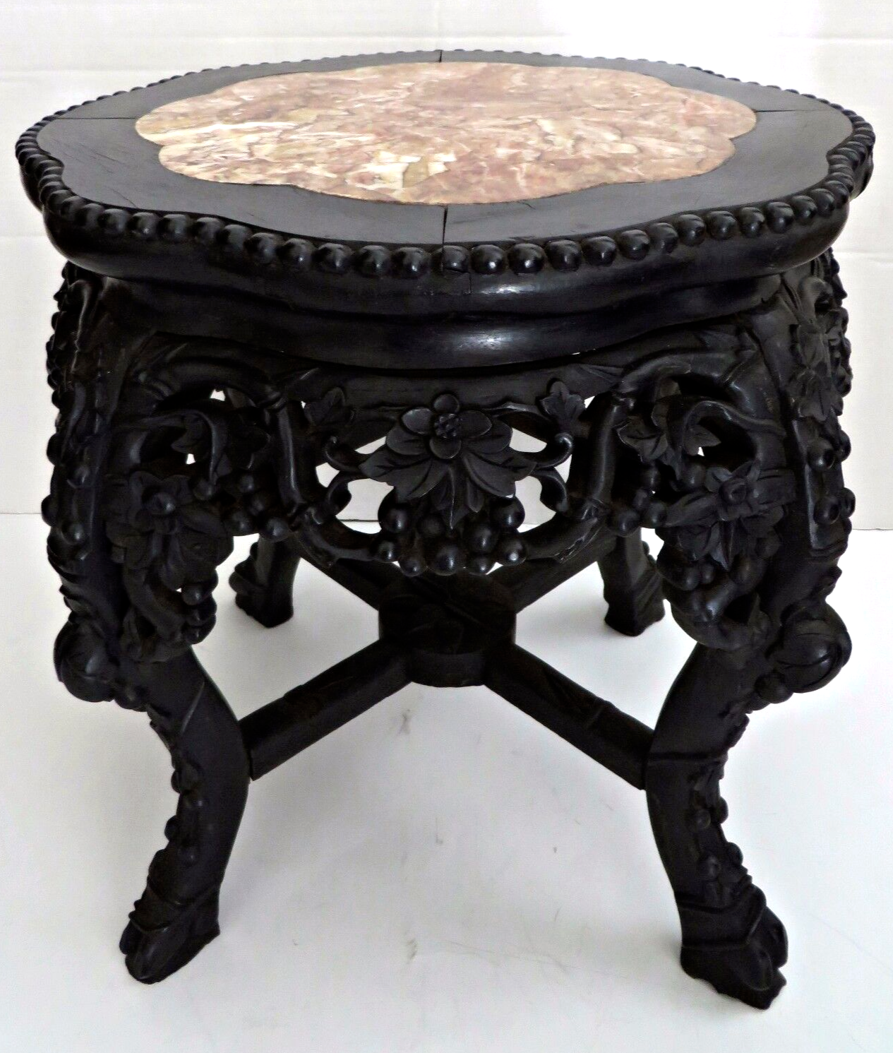 Antique 1870's Oriental Chinese Carved Wood Marble Top Side Table Plant Stand Без бренда - фотография #4