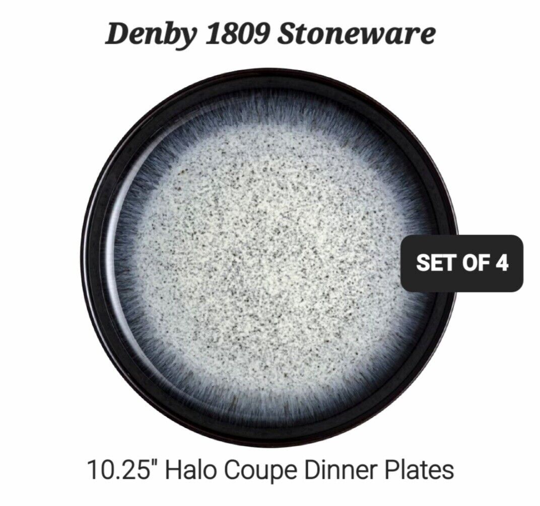 Denby 1809 Stoneware SET OF 4 Black Halo 10.25" Coupe Dinner Plates NWT Denby