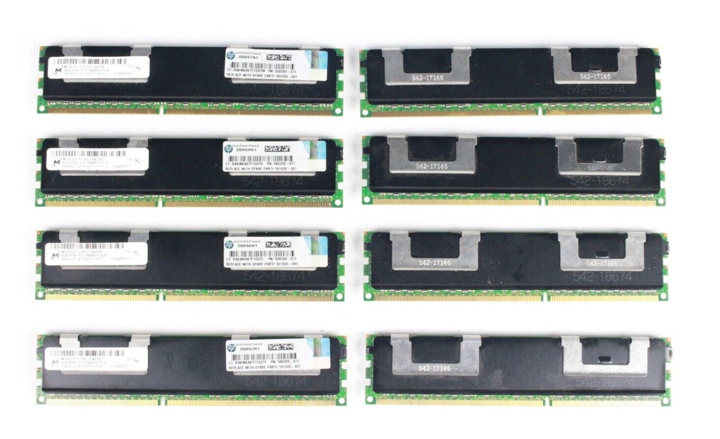 Lot of 8 Micron 8GB 2RX4 PC3-10600R Server RAM MT36JSZF1G72PZ-1G4D1 (AMX) Micron MT36JSZF1G72PZ-1G4D1, 500205-071