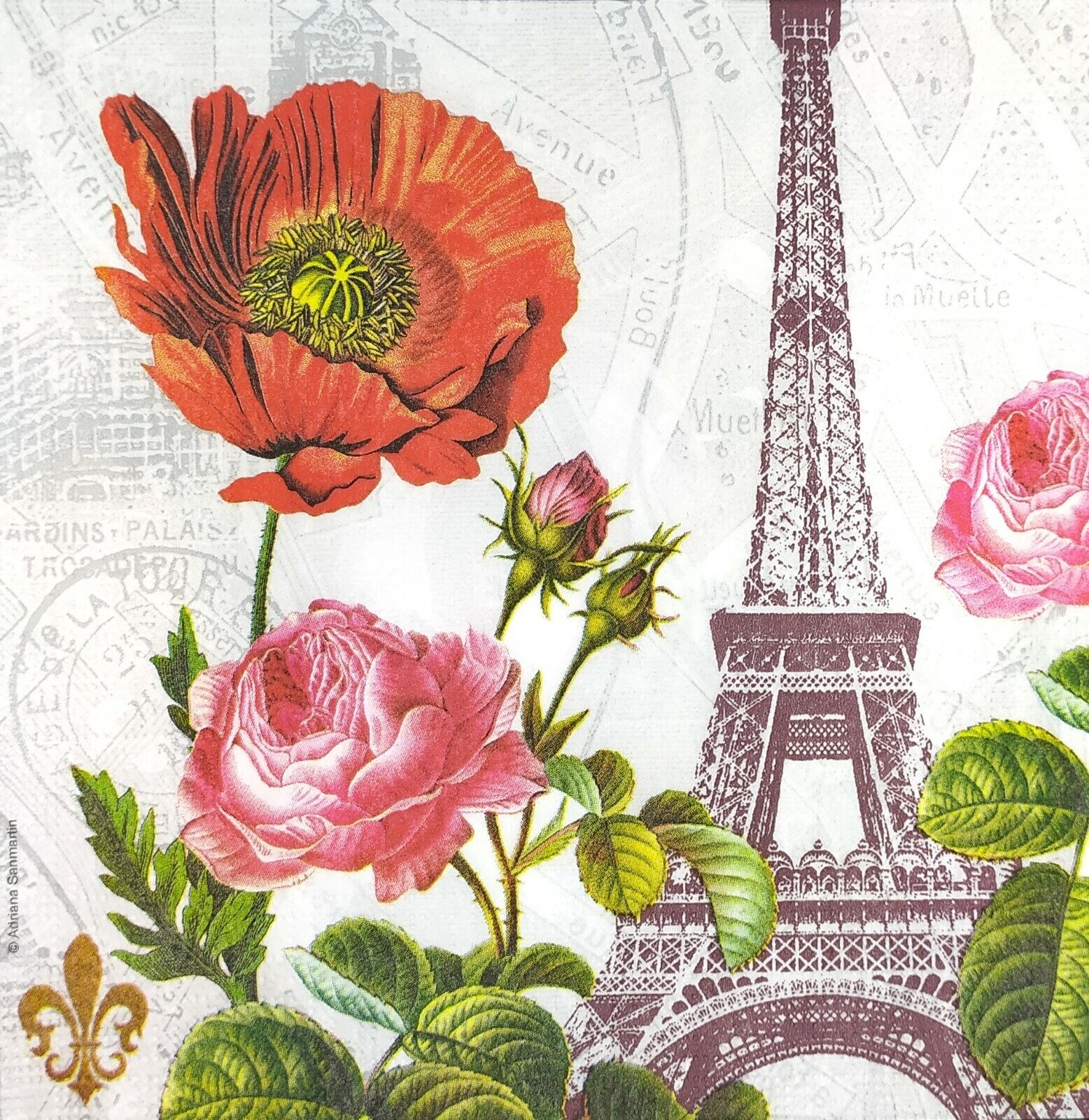 N577# 3x Single Paper Napkins Decoupage Craft Red Poppy Rose Flower Eiffel Paris PPD 1333166