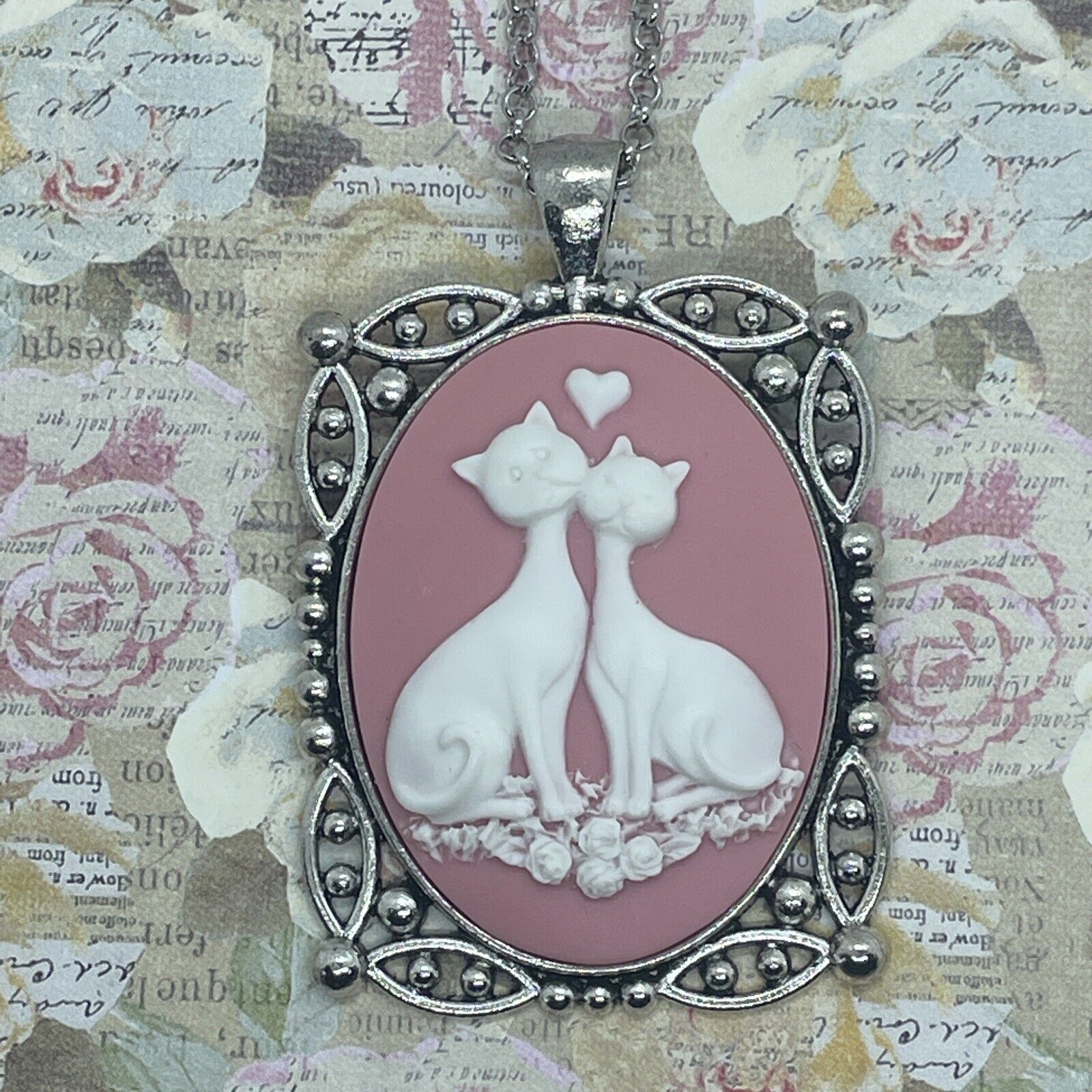 PINK  HEART silver BIRTHDAY  cameo cat resin cameo Kitten Cat ribbon necklace Cameo
