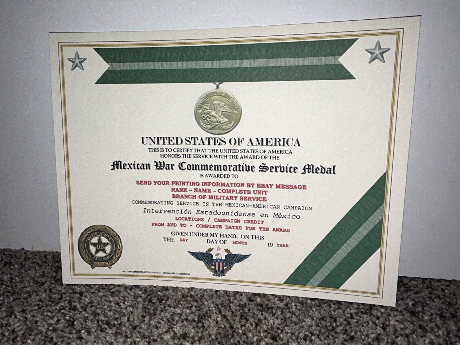 MEXICAN WAR COMMEMORATIVE SERVICE MEDAL CERTIFICATE ~ W/PRINTING TYPE-1 Без бренда - фотография #5