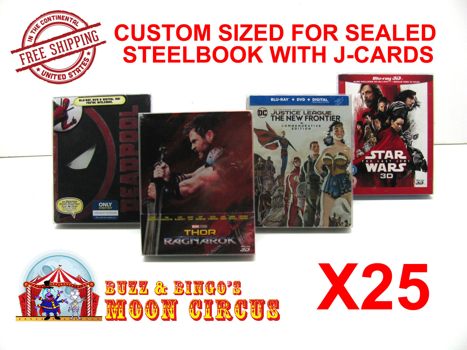 25x BLU-RAY STEELBOOK WITH J-CARDS (SIZE BR5) - CLEAR PLASTIC BOX PROTECTORS  Dr. Retro Does Not Apply