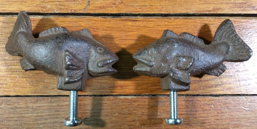 2 FISH Cast Iron Antique Style RUSTIC Handle Knob Pull Door Drawer Fishing Без бренда