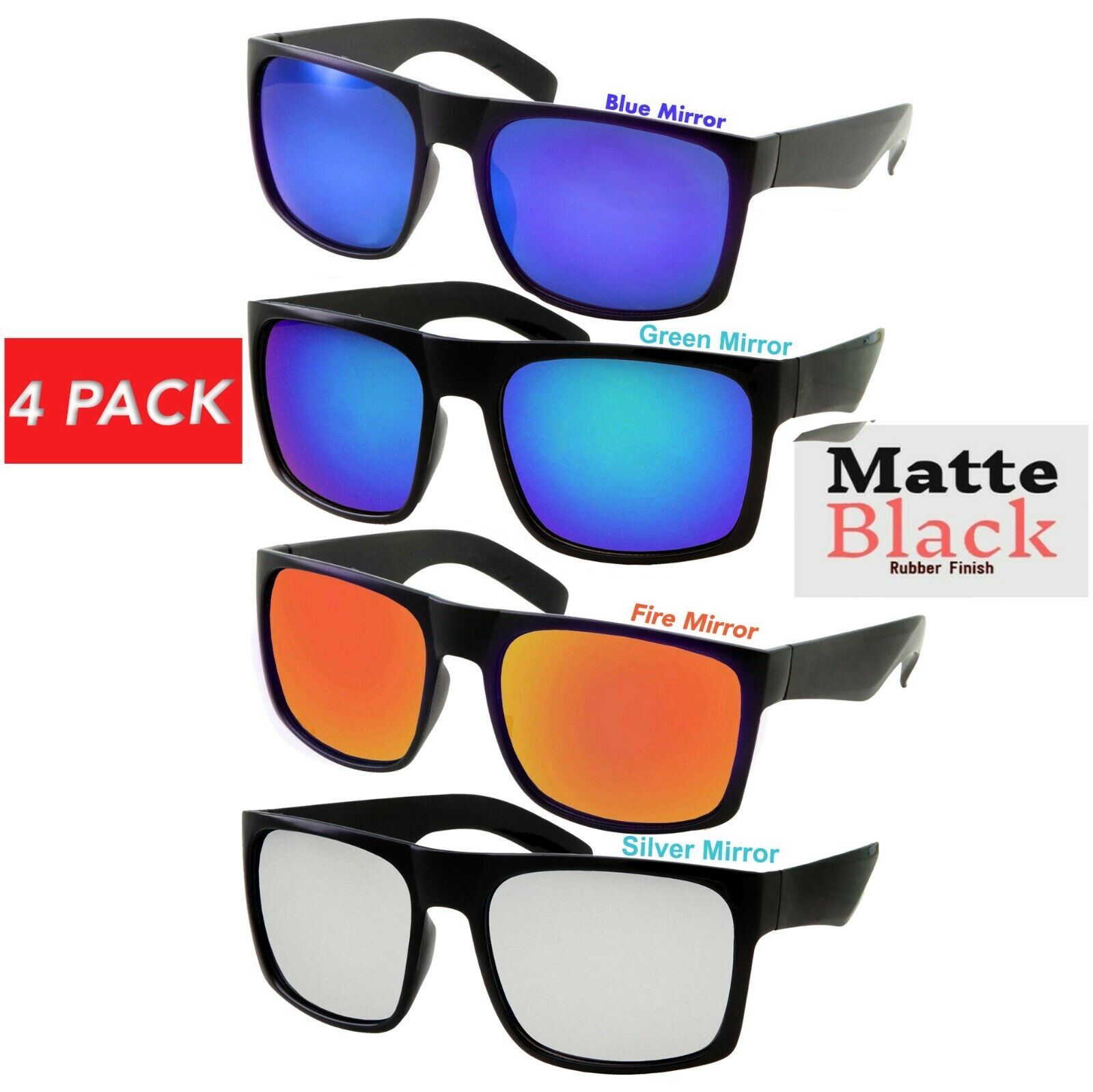4 Pack XL Men's SUNGLASSES WIDE Big Head Mirror Matte BLACK Extra Large Unbranded Does Not Apply