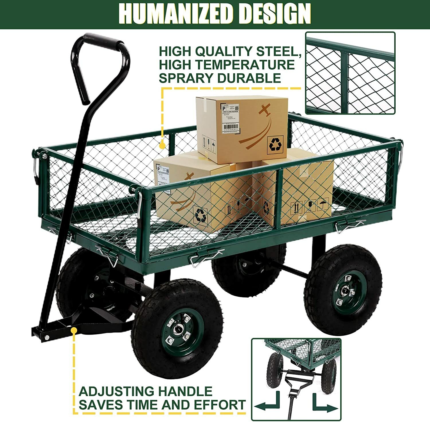 Heavy Duty Steel Utility Cart Lawn Outdoor Dump Wagon Cart Green Garden Cart Dkeli DK-87-GREEN - фотография #6