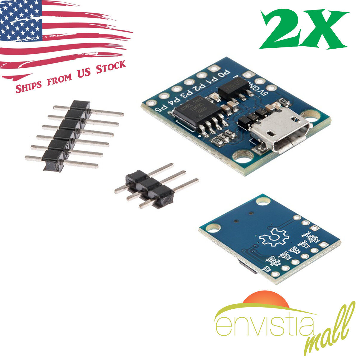 2pcs Digispark Kickstarter ATTINY85 Micro USB Development Board for Arduino USA Envistia EM-MICRP-0006-2X