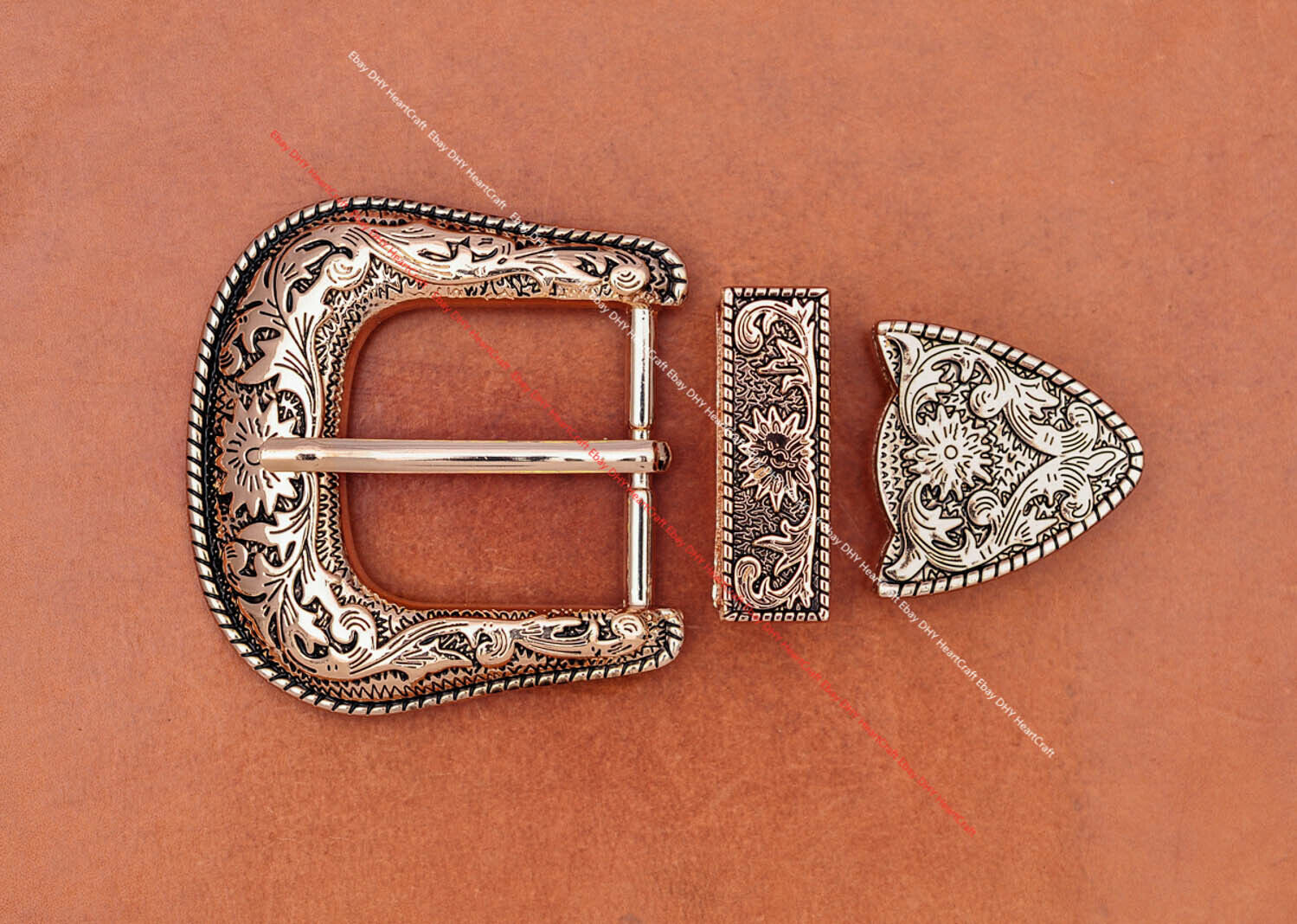 Heavy Gold Western Cowboy Belt Buckle 3 Piece Set Floral Carved Unisex 1-1/2" Unbranded Does not apply - фотография #11