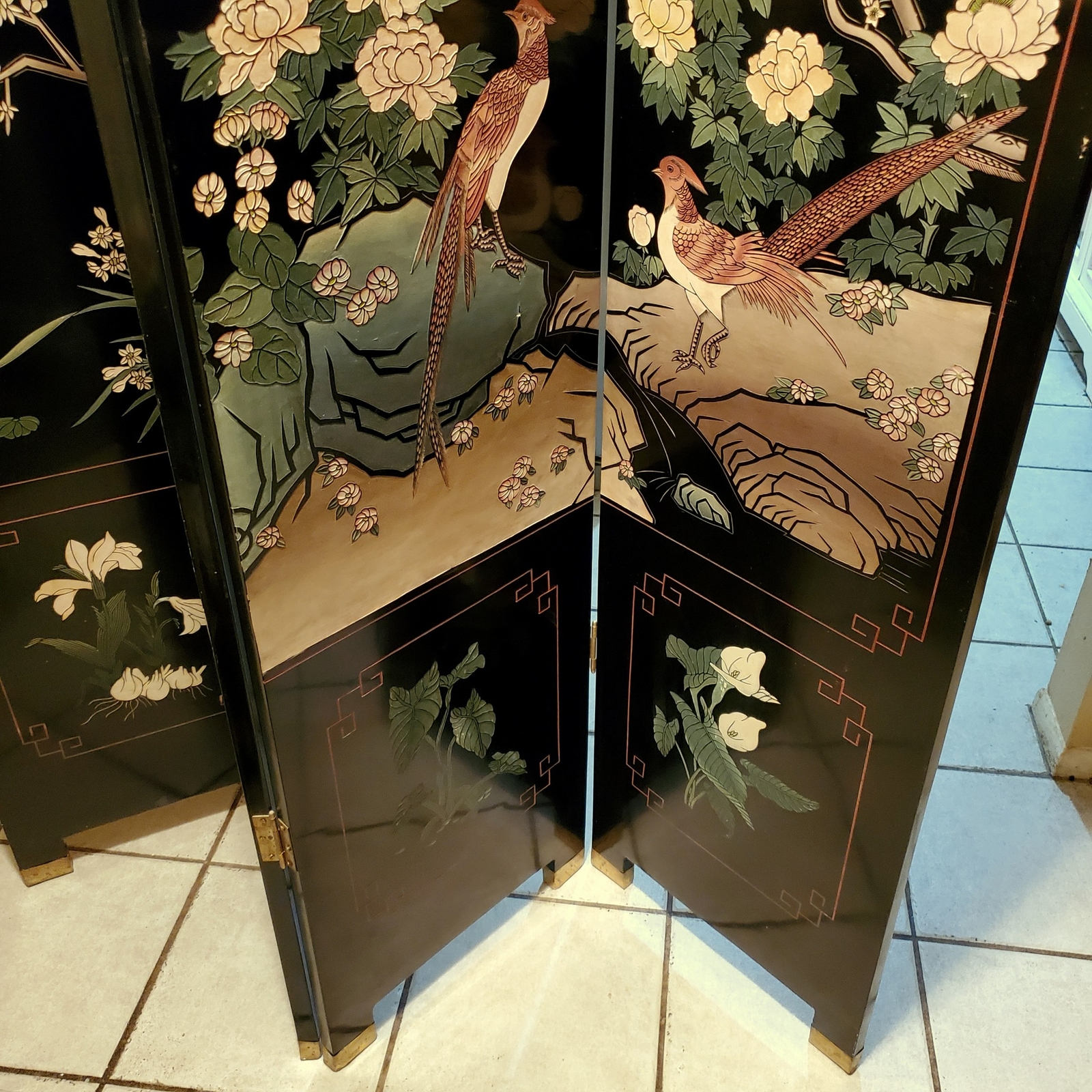 Vintage Wood Folding Room Divider Screen 4 Panel Black Lacquered Chinese Asian Unbranded - фотография #8