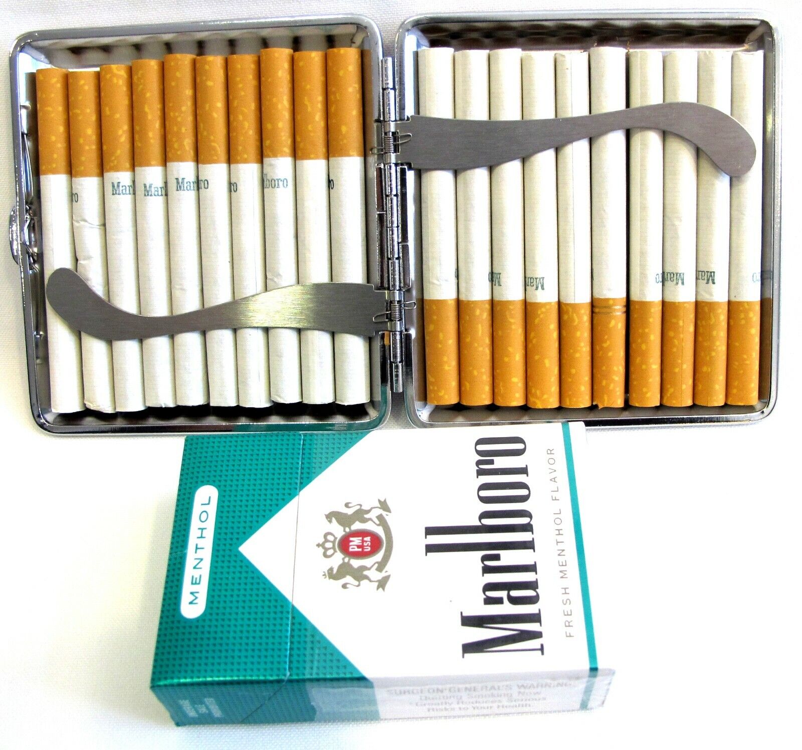 2pc Set Stainless Steel Cigarette Case Hold 20pc Regular 84s - HOT PINK + PURPLE Без бренда