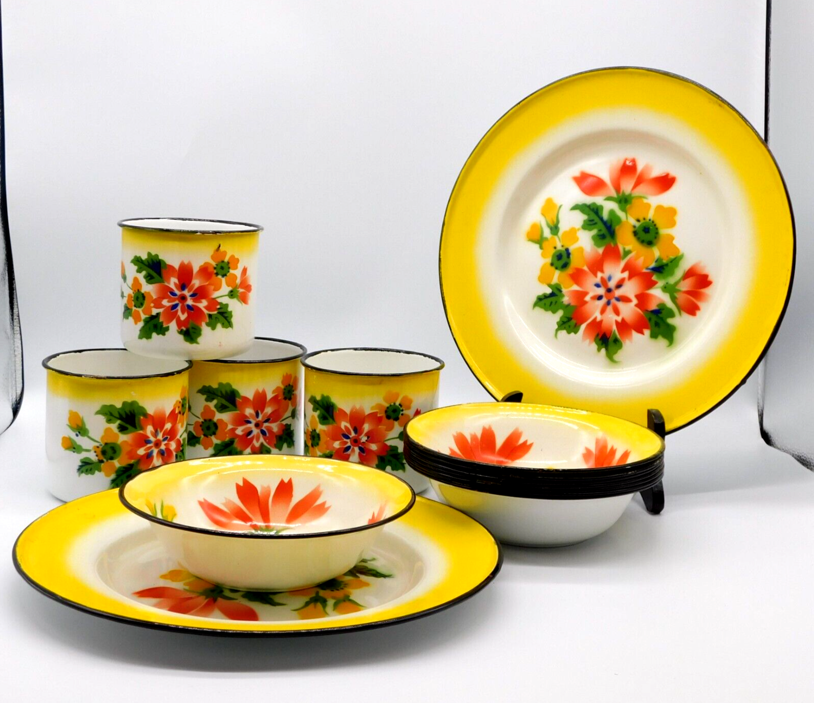 VTG 14 pc Metal Rossini Enamel Ware Floral Set 2 plates 8 bowls 4 cups Hong Kong Rossini