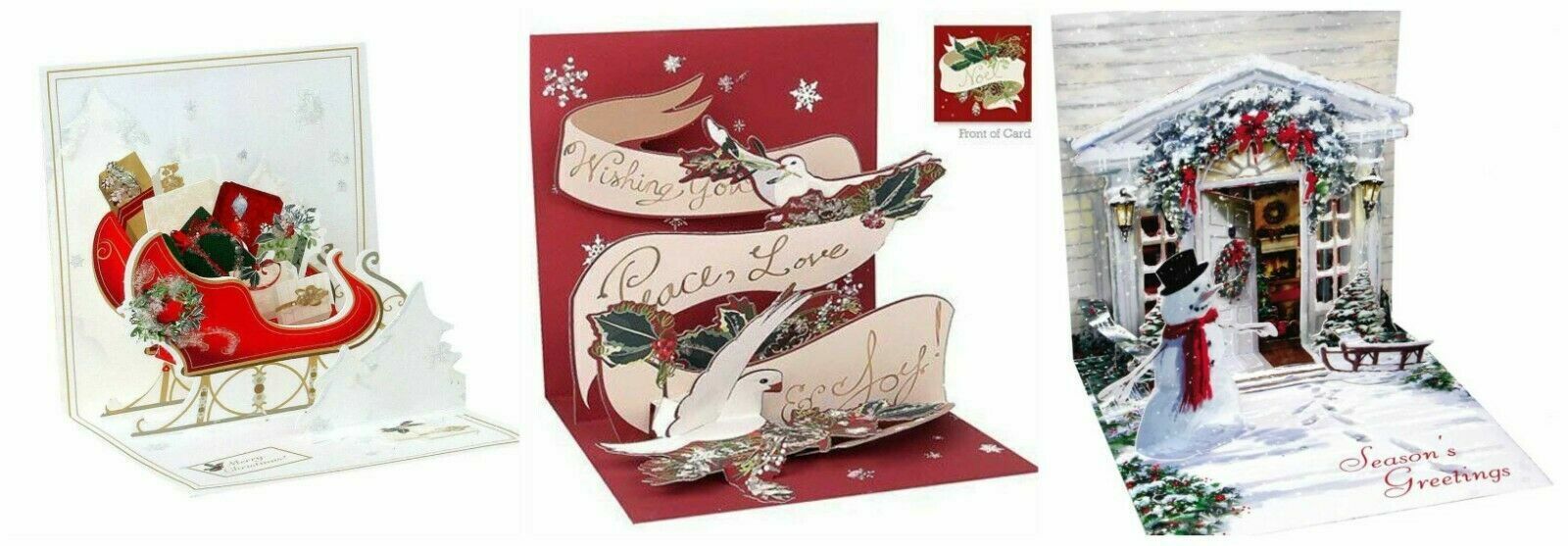 3 - BEAUTIFUL 3D POP-UP CHRISTMAS CARDS Holiday Door Elegant Sleigh Peace Dove Treasures